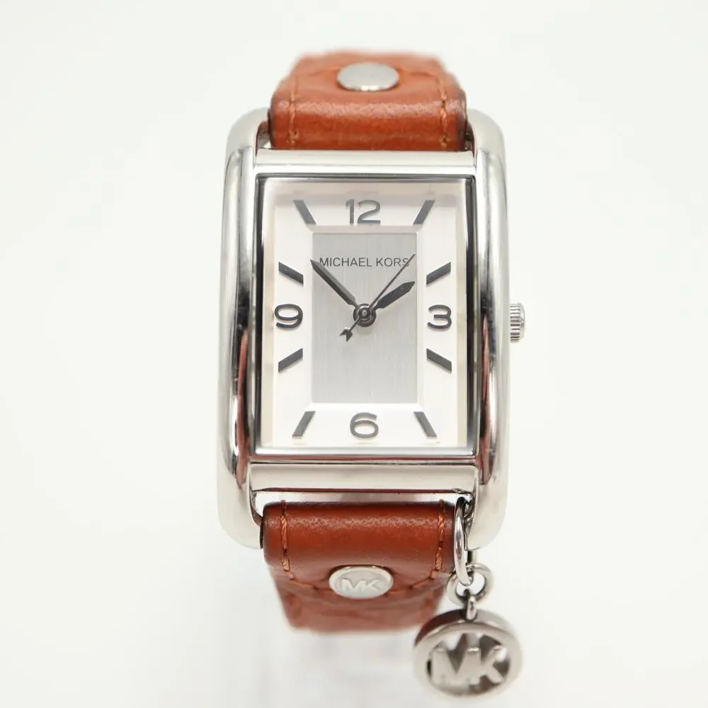 Michael Kors Taylor Tank 26mm Silver Tone Watch Brown Leather w New Battery